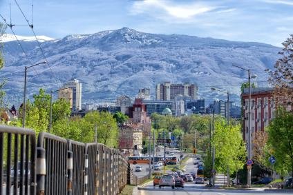 Sofia Bulgaria city skyline and Vitosha Mountain